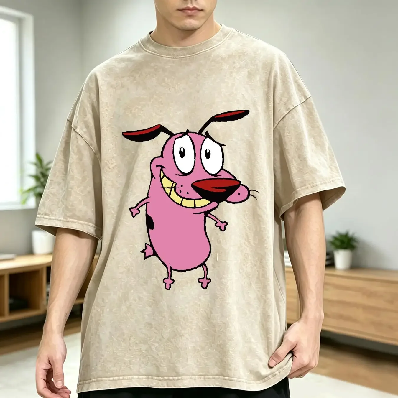 washed T Shirt Lion Coward Dog 2 Courage the long or short sleeves vintage Washed Stylish fashion homme Versatile
