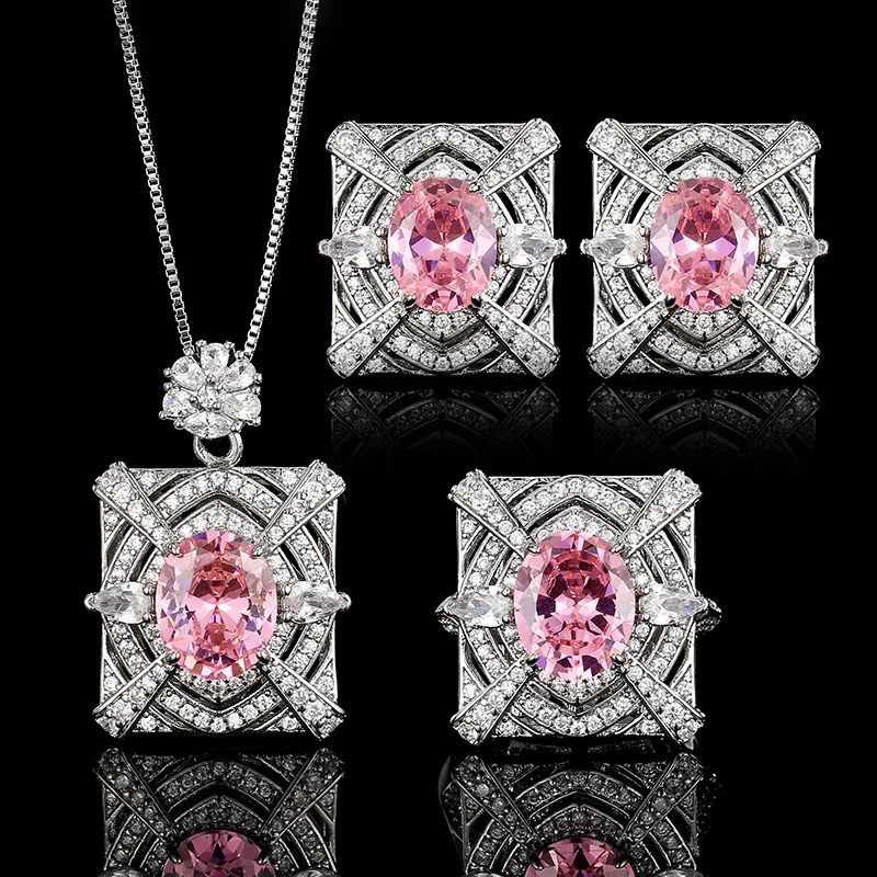 

Luxury Pink Cubic Zirconia Jewelry for Women Square Shape with Oval Pink Stone Adjustable Ring Necklace Earrings for Wedding