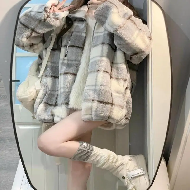 الخريف الشتاء النمط الأمريكي الرجعية منقوشة الوقوف طوق كم طويل صوف مبطن معطف سميك فضفاض متعدد الاستخدامات #4