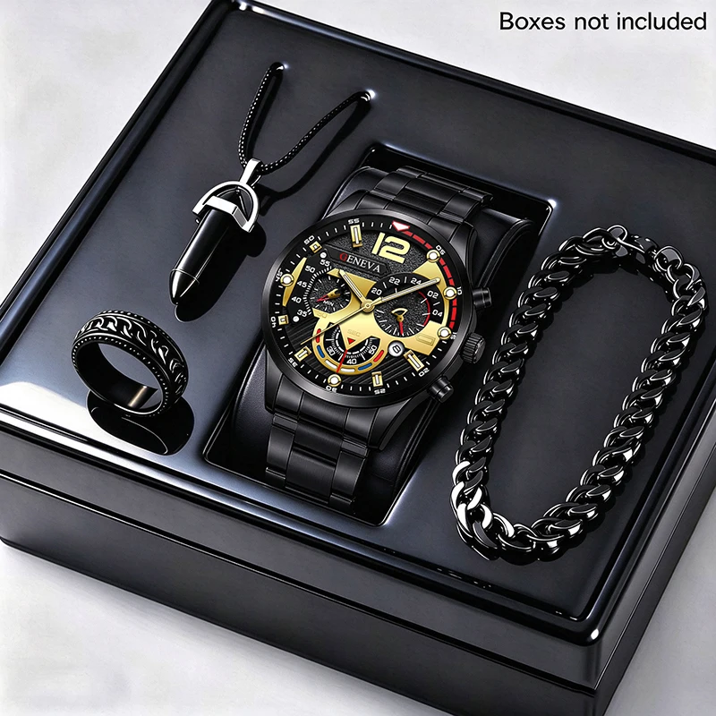 4pcs/set Leisure, Fashion, Business Men's Round Watch Combination Set, Men's Watch, Bracelet, Necklace,Ring Set (No Box)