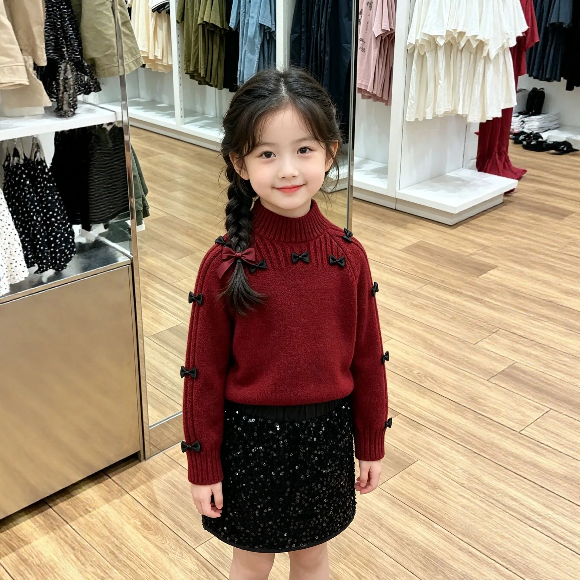 Fashion Girls Solid Color Sweaters Cute Bow Children Clothing Autumn Winter Teenagers Sweet Princess Knitted Sweater 1-13Years