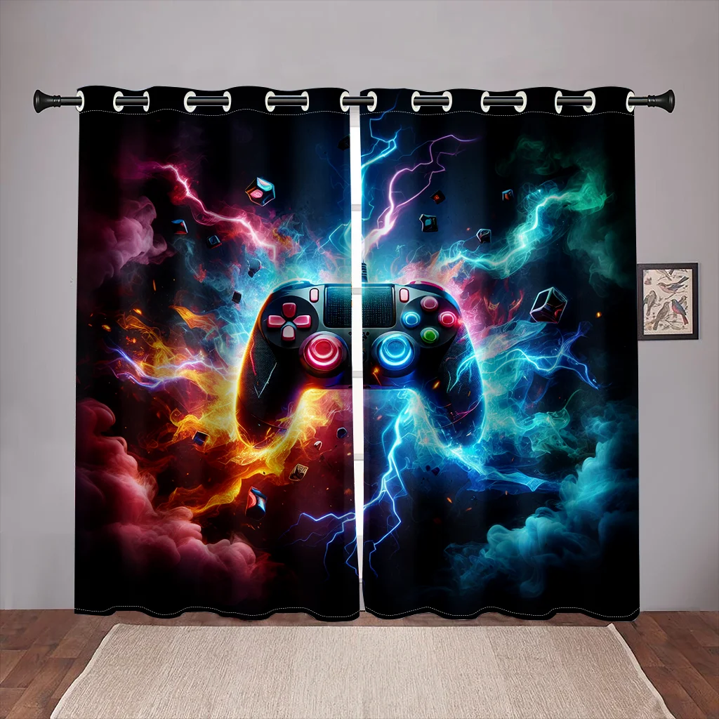 2 pcs Cartoon Gaming Play Station Window Curtain Living Room Bedroom for Boys Room Decor Gamer Teens Kids Playing Video Game