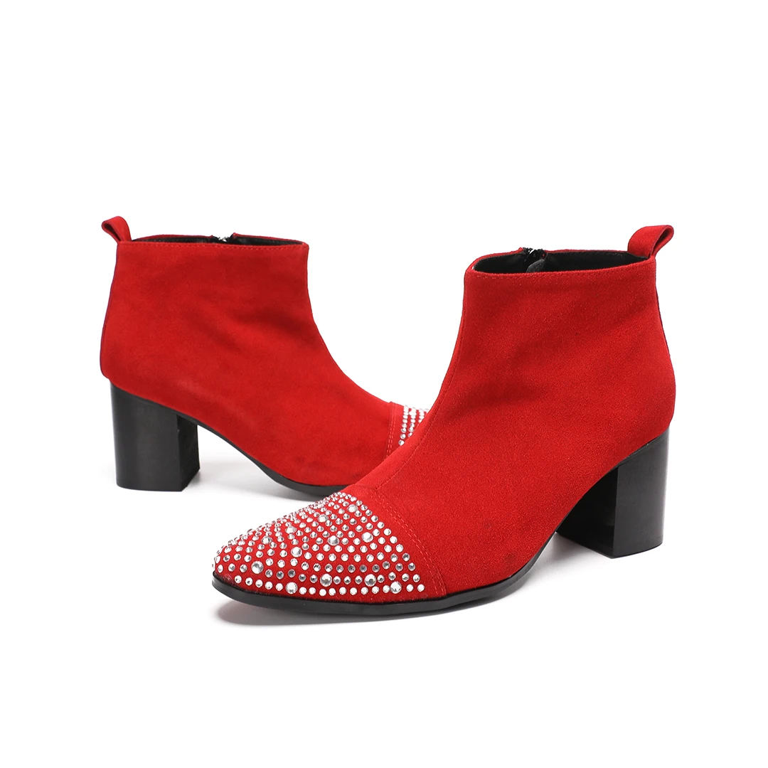 Men Red Suede Ankle Boots Rhinestone Zipper pointed Toe Block Heel Party Boots male Sparkly Crystal stage short boots plus size