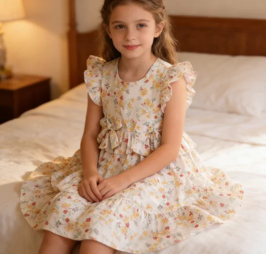 

Summer New Korean Version Flying Sleeve Floral Dress with Bow Baby Girl Princess Skirt Thin Printed Cotton Dress