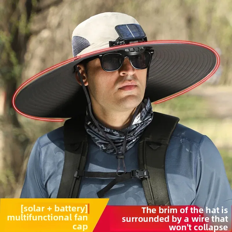 Men's Summer Solar Fan Hat 15cm Wire Shaped Wide Brim No Sagging High Wind UV Protection Sun Hat  Camping Caps 4F042