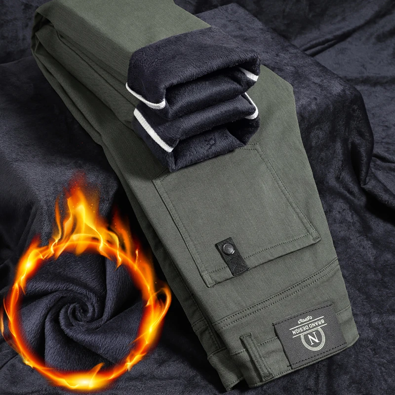 

Men's Winter Cotton Warm Fleece Plush Pants Business Fashion Classic Style Black Grey Thick Warm Trousers Male Brand Clothing