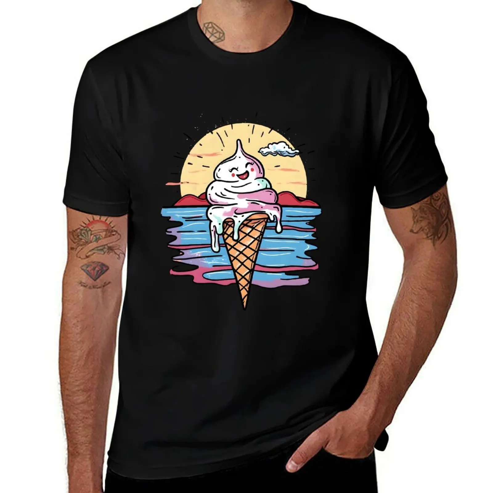 

Melting Ice Cream and Happy Sun Summer Tee T-Shirt graphic t shirts designer shirts animal prinfor boys men t shirt