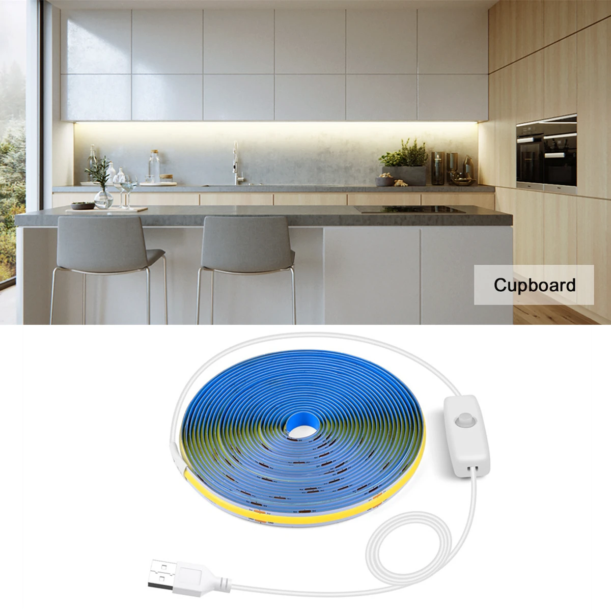 USB COB LED Strip Light para quarto, Super Bright Light, Decoração de parede, Push Switch, DIY, Armário de cozinha Backlamp, 1 m-5m, 5V