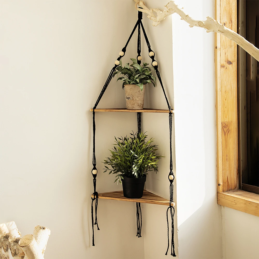 

Black Corner Shelf Macrame Wall Hanging Wood Floating Shelves Boho Wall Farmhouse Decor Storage Rack for Plant Pots Photo Candle