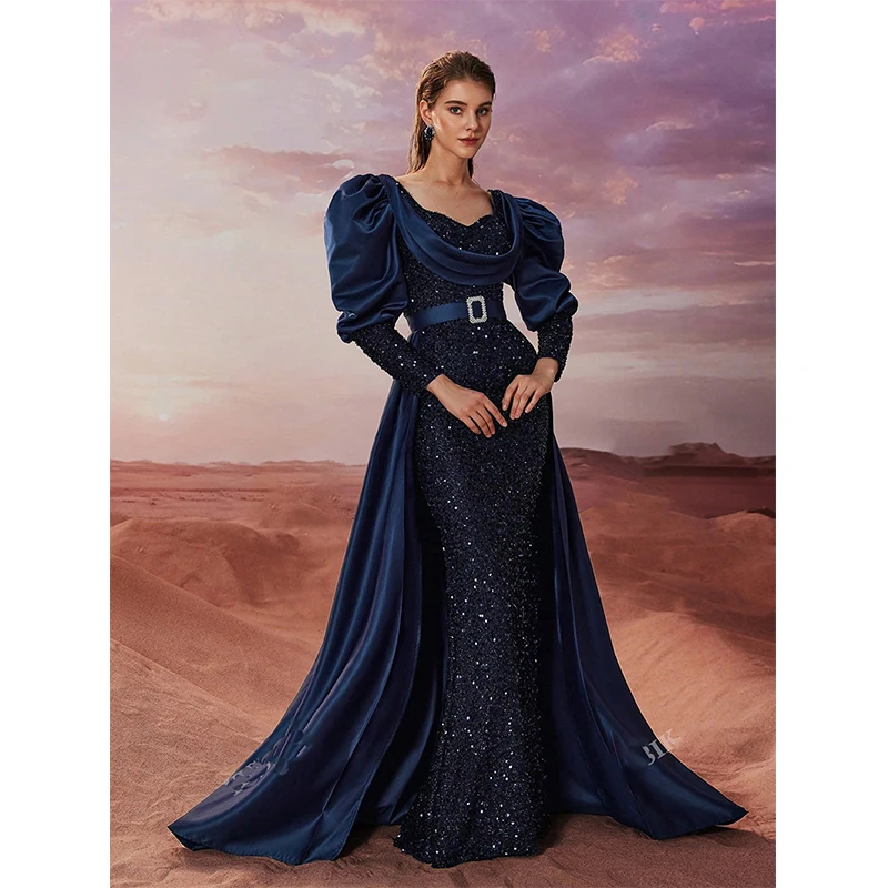 ผู้หญิง Elegant หญิง Vestido De Festa พัฟแขนสีฟ้า Sequined อย่างเป็นทางการค็อกเทลชุดราตรียาว Maxi ชุด