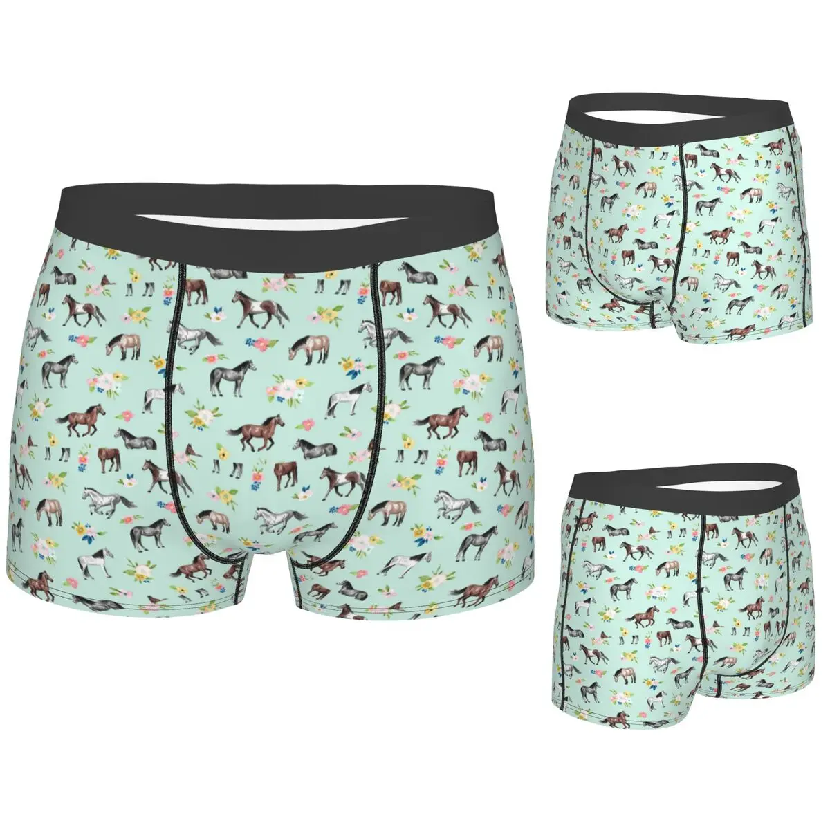 

Трусы-боксеры, шорты с лошадьми и цветами, мятно-синие, трусы, мужское вентилируемое нижнее белье для Homme, мужские подарки бойфренду
