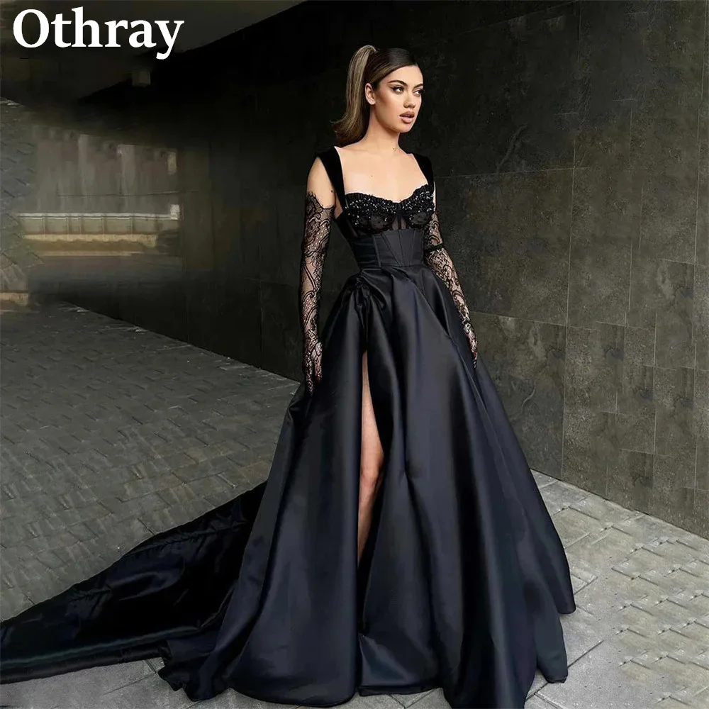 

Othray Черные атласные вечерние платья Кружева с бисером Сексуальные длинные платья для выпускного вечера с высоким разрезом Met Gala Party Robe Vestido De Noche