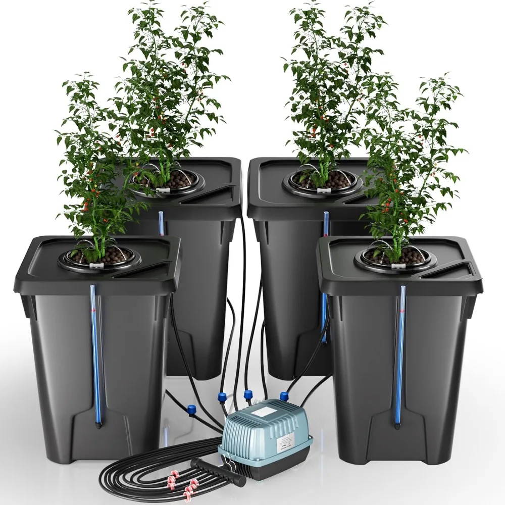 4 Bucket DWC Hydroponic System Top Drip Kit 7 Gallon Deep Water Culture with Air Pump Air Stone Hose Recirculating