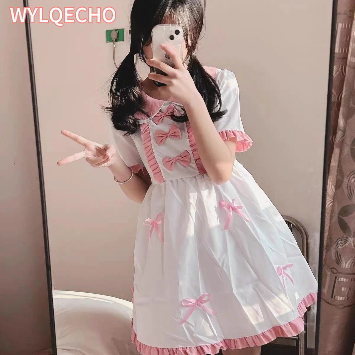 Kawaii Lolita Dress Women Japanese Style Cute Pink Bow Short Sleeve Dresses Sweet Girl Student Chic Casual Y2K Summer Mini Dress