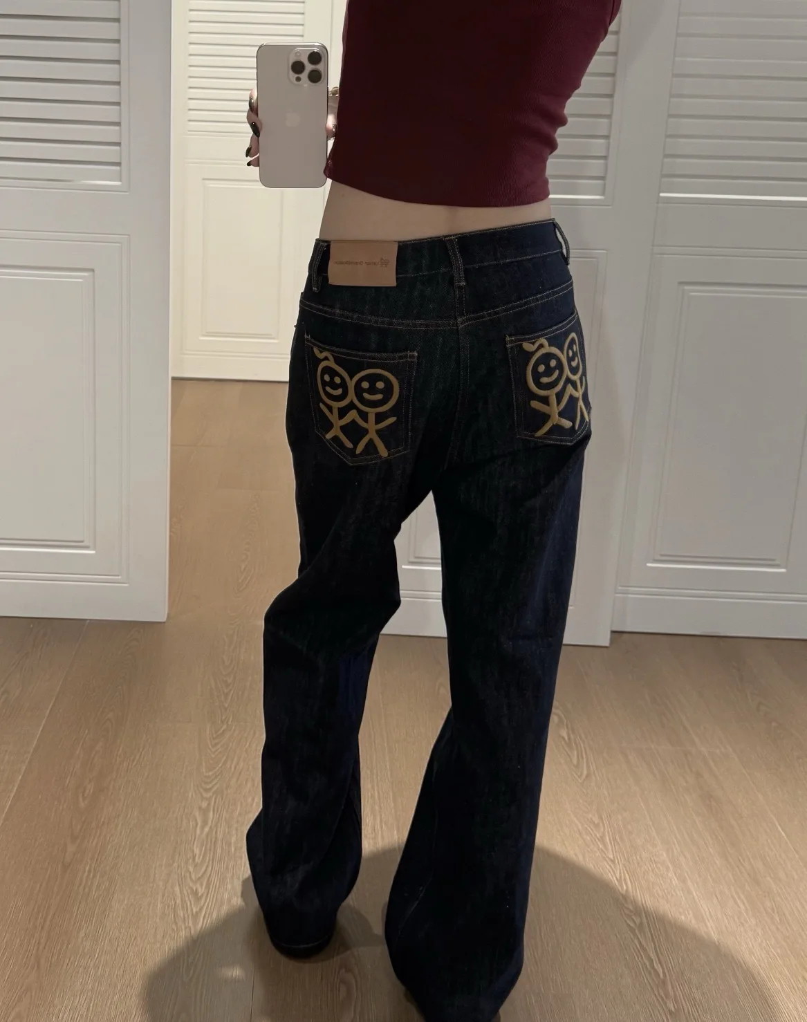 Women Y2K Cartoon Stick Figure Embroidery Jeans High Waist Loose Straight Leg Denim Pants New Vintage Dark Blue Casual Trousers
