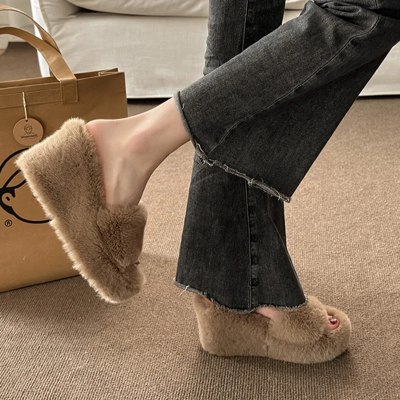 Autumn Winter Wedge Fluffy Slippers Woman 2023 New Home Fur Slippers for Women Chunky Platform Slides Cozy Fuzzy Indoor Shoes