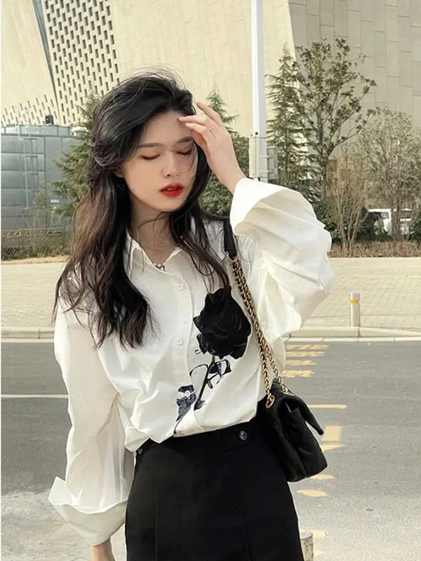 Chic White Shirt Tops Women\'s Spring Autumn New Long Sleeve Polo Neck Youth Loose Vintage Blouse Fashion Korean Women Clothing