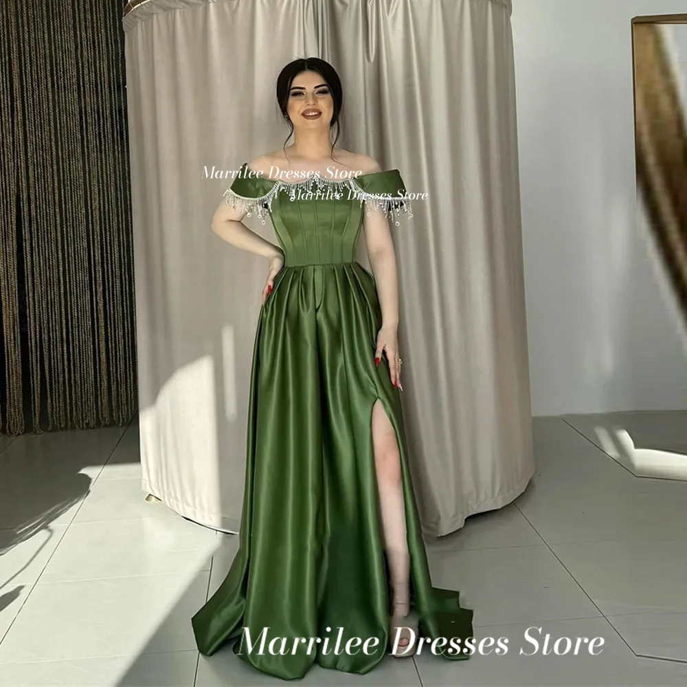 

Marrilee Elegant Green Off The Shoulder Crystal Stain A-Line Evening Dresses Charming High Side Slit Pleating Formal Prom Gowns