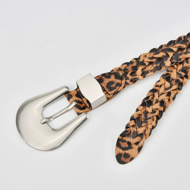 Western Leopard Print Hand Braided Women Belt  Fashion Woven Dress Coat Sweater Belt for Ladies