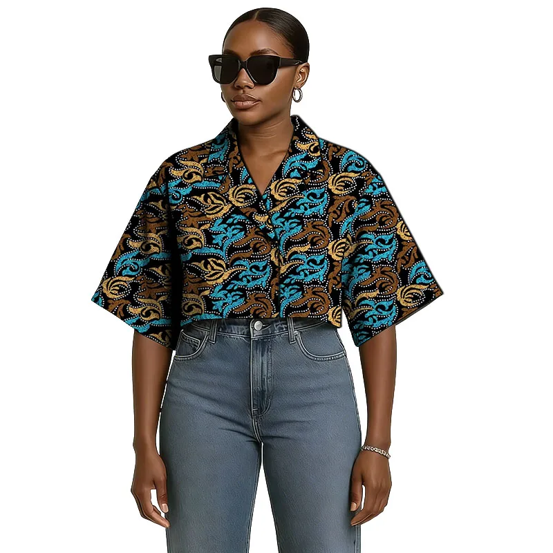 

Women's Turn Down Collar Blouse Ankara Print Short Shirts Half Sleeve Tops Tailor Made Female Party Wear