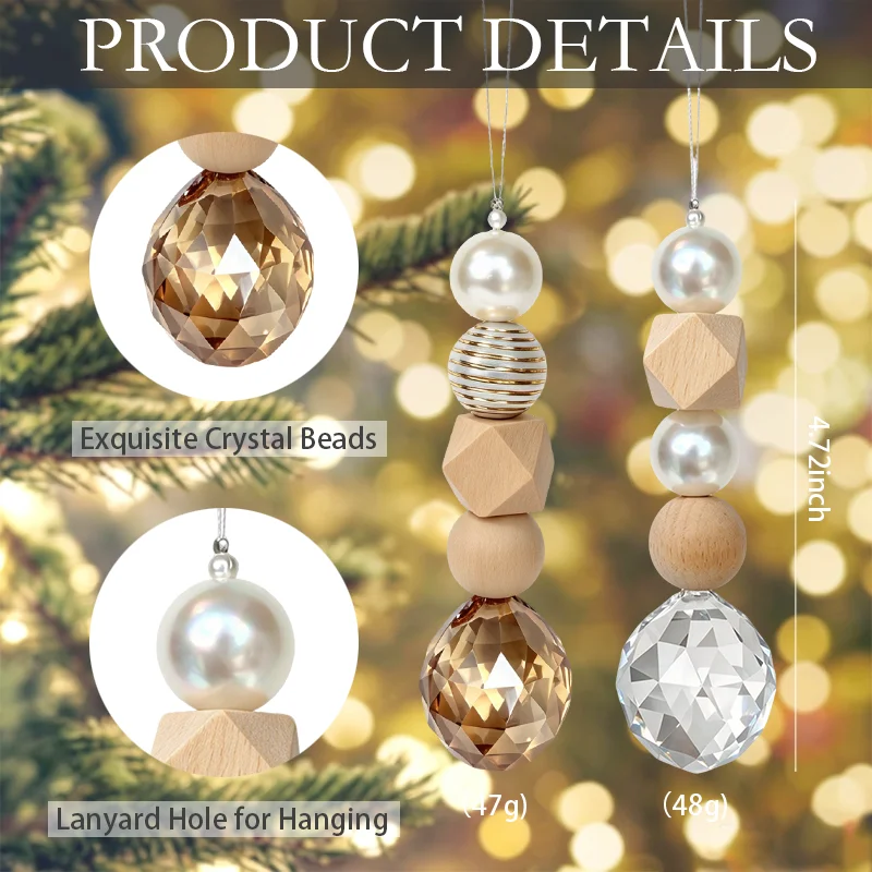 3pcs Wood Bead Faux Pearl Crystal Hanging Ornament Nordic Pendant for Christmas Tree Wedding Home Garden All Season Decor