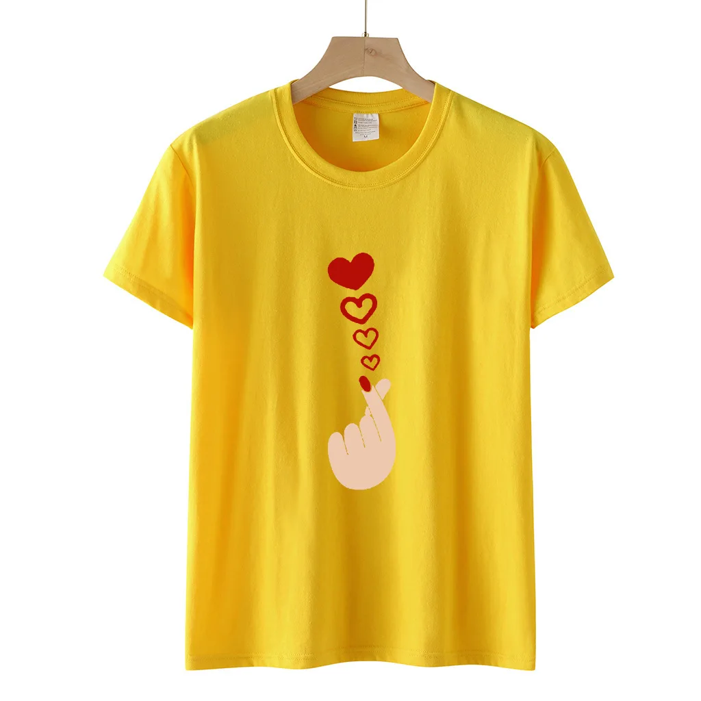 Cotton 100% New Valentine's Day Casual Pullover Round-neck Short-sleeved T-shirt with A Heart-shaped Finger Print Graphic