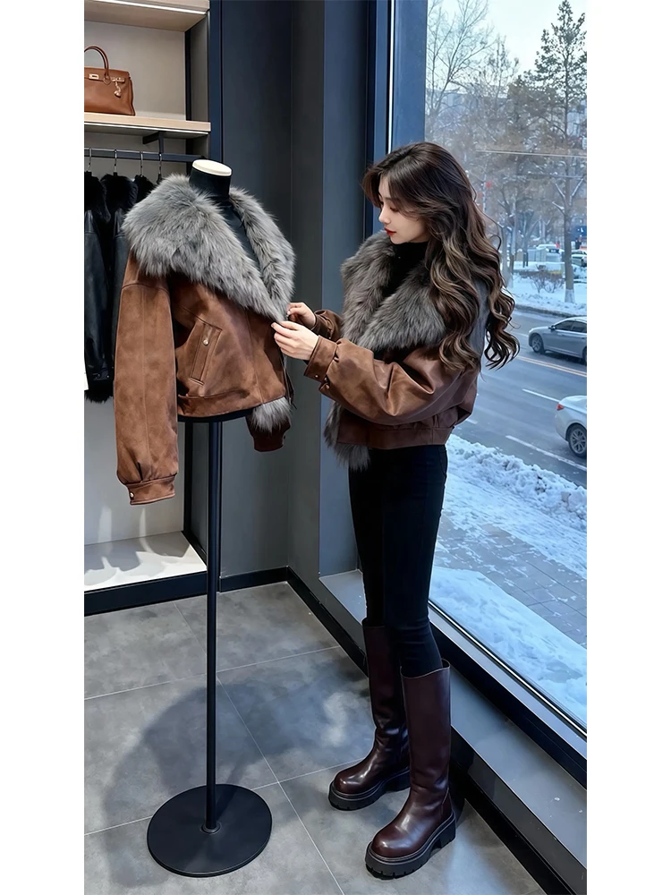 Retro Minimalist Style Women's Short Cotton Jacket Warm Fur Collar Loose Design Korean Version High-End Feel Outerwear