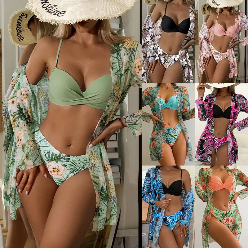 2024New Swimsuit Three-Piece Mesh Shawl Blouse Kimono Split Bikini Swimsuit