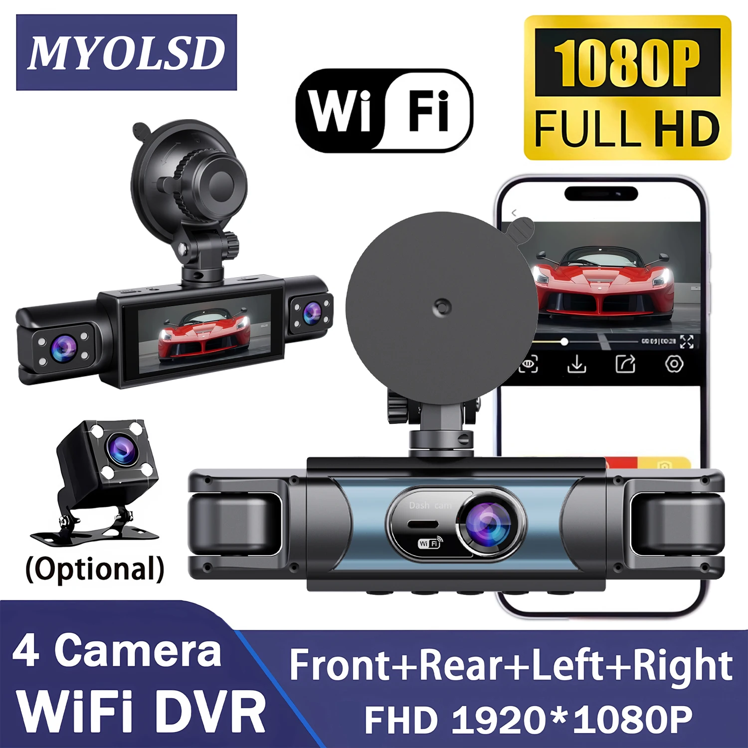 4-Linsen-360-Grad-Dashcam für Autos, WIFI-App, Auto-DVR, 1080P, 4-Kamera-Kanal-Video, Fahrerrekorder, Dashcam, Kabinen- und Rückfahrkamera