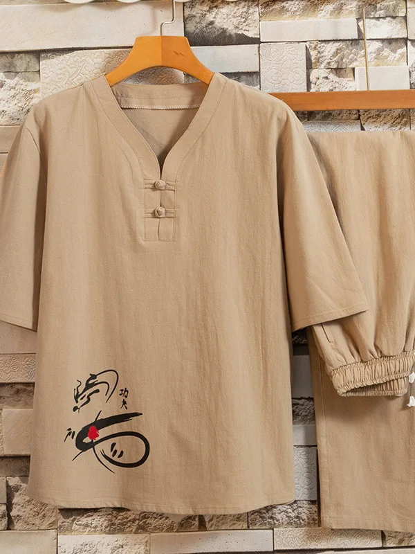 

Летний хлопково-льняной свободный повседневный комплект из двух предметов: футболка с коротким рукавом и традиционный костюм Ханьфу/Тан для мужчин