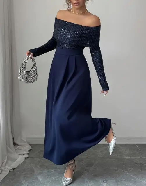 

Autumn/Winter Elegant Splicing Long Sleeve Long Dress for Women's Wear Temperament Commuting Female Fashion Sexy A Line Dresses