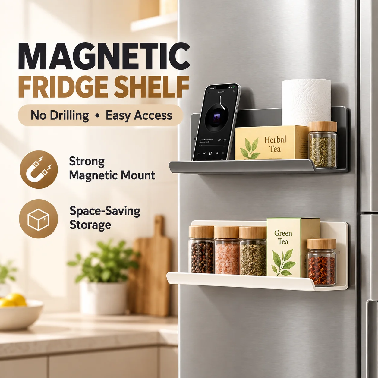 Kitchen Gadgets Storage Ideas - Punch-free Magnetic Fridge Side Storage Rack