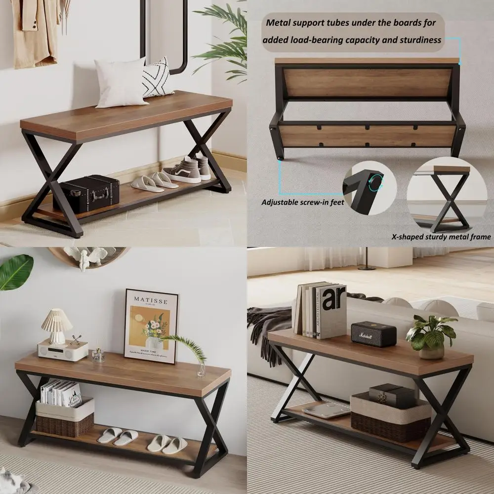 Banco de Entrada Estilo Industrial em Carvalho com Armazenamento para Sapatos, 39 Polegadas de Comprimento para Hall de Entrada