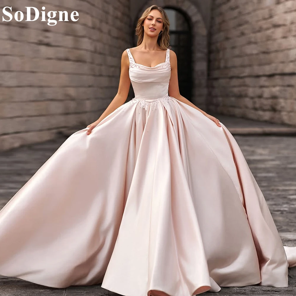 

SoDigne Elegant Pink Satin Evening Dresses A-Line Spaghetti Strap Beading Pleated Party Dress Backless 2025 Prom Gown Customized