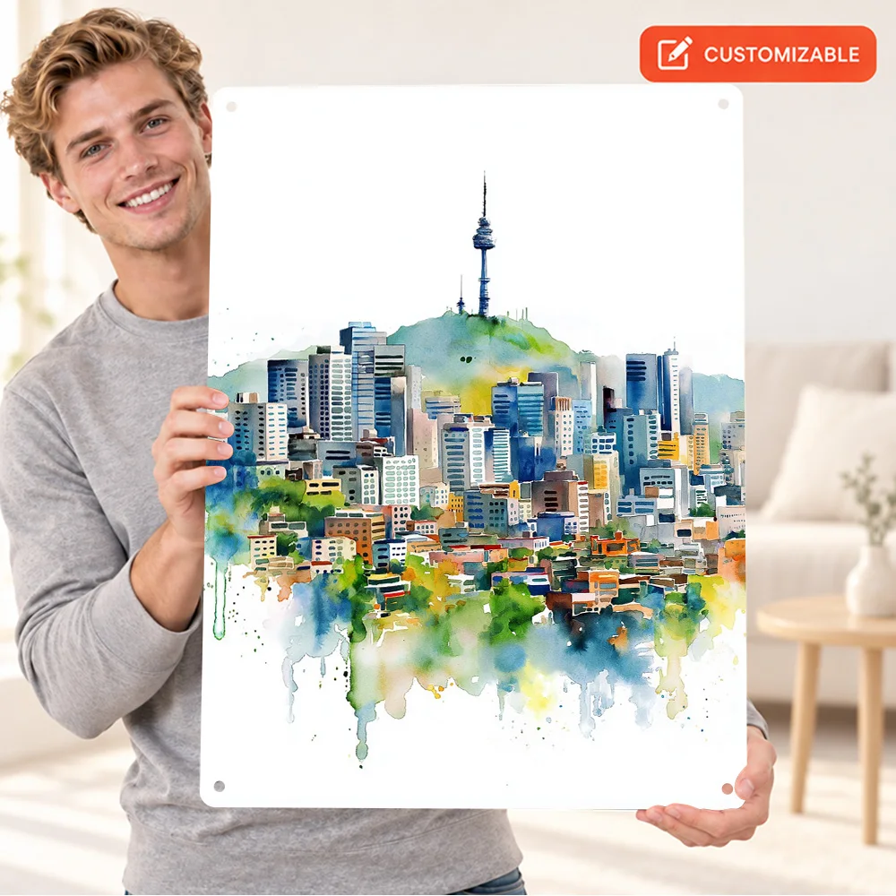 Seoul Cityscape Watercolor Painting Textured Metal Poster Bold Design Home Office Wall Art Personalized Aluminum Sign Fan Gift