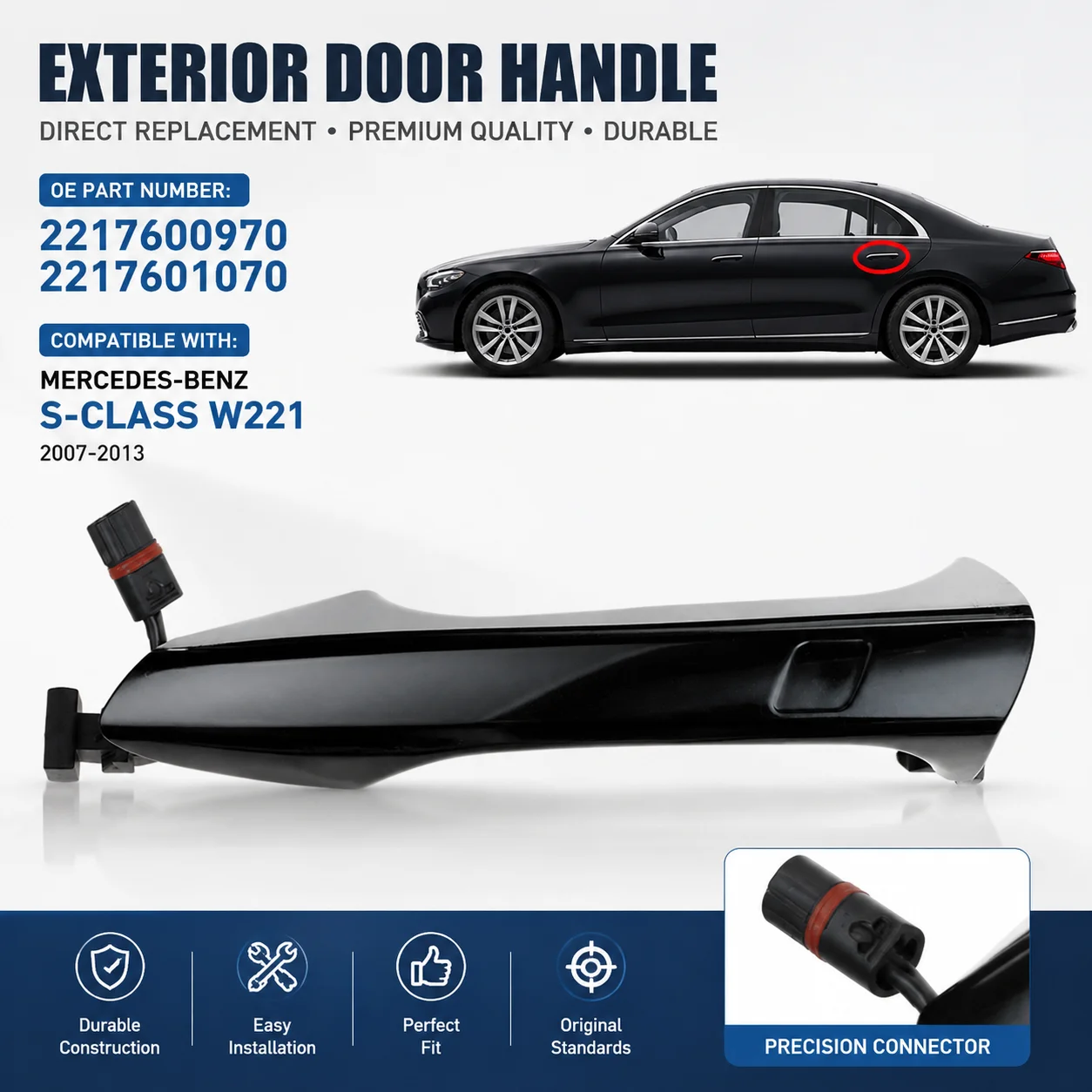 Front Left Exterior Door Handle 2217600970 Compatible with Mercedes-Benz S350 S400 S450 S550