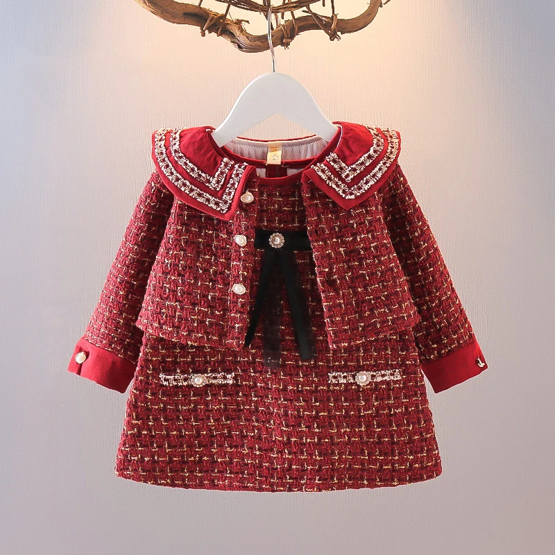 Girls Tweed Jacket Princess Dress 2pcs Sets Winter New Baby Girl Small Fragrant Wind Sleeveless Dresses Fashion Suit