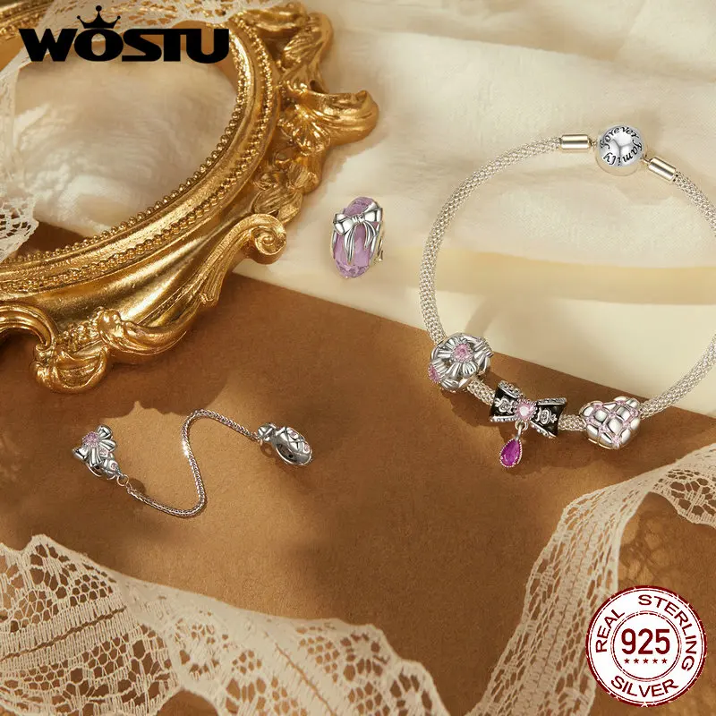 Wostu 925 prata esterlina rosa bowknot encantos contas de vidro murano original para amor meninas caber pulseira & colar diy jóias presente