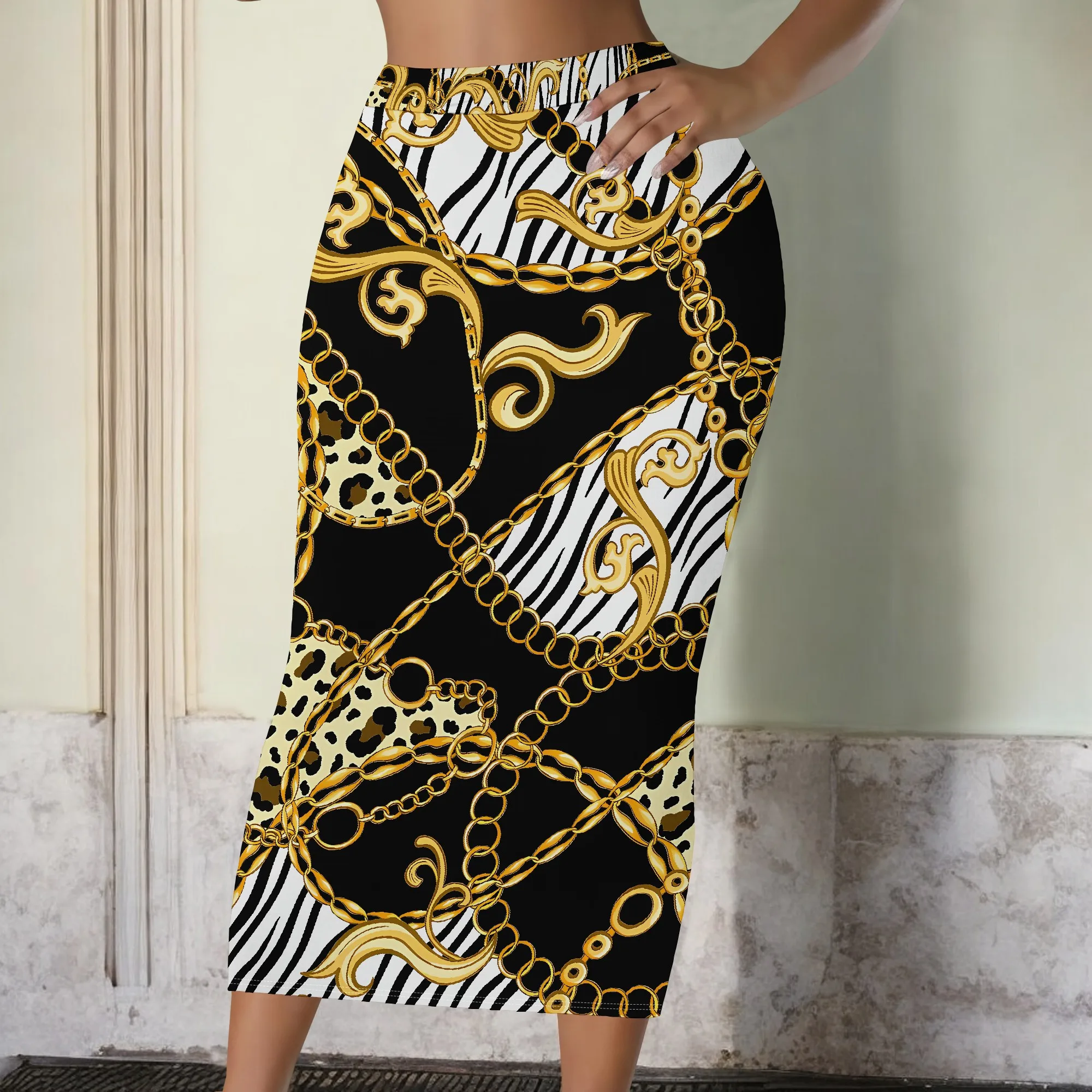 Luxury Gold Chain Print Skirt, Baroque Pattern Midi Pencil Skirt, Animal Mix Bodycon Skirt, Office Party Wear S-2XL