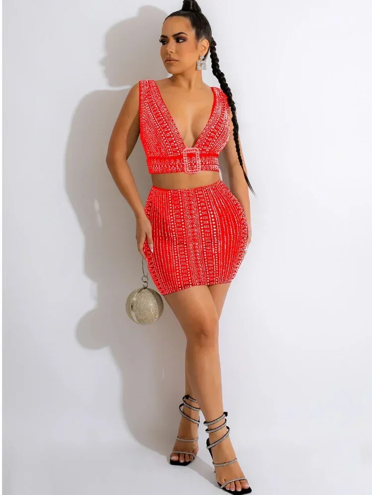 GUWU คริสตัลเพชร 2 ชิ้นชุดผู้หญิง V คอแขนกุดเสื้อกั๊ก Crop Top Sheer ตาข่ายกระโปรงมินิเซ็กซี่ปาร์ตี้ Clubwear