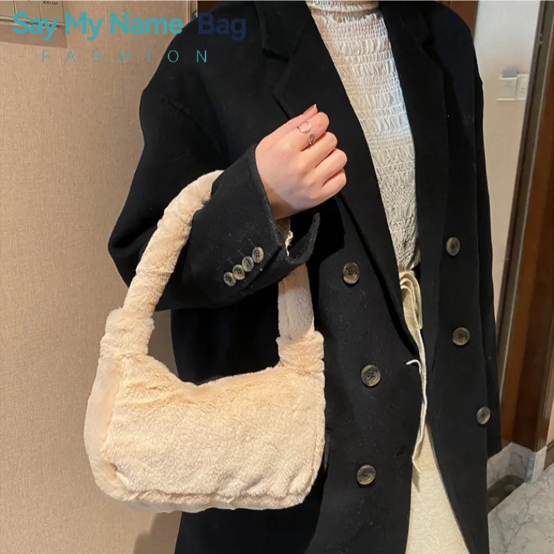  Plush Shoulder Bags for Femme Luxury Designer Soft Winter Ladies Clutch Purse Handbag Cute Fashion Female Party Underarm Bag