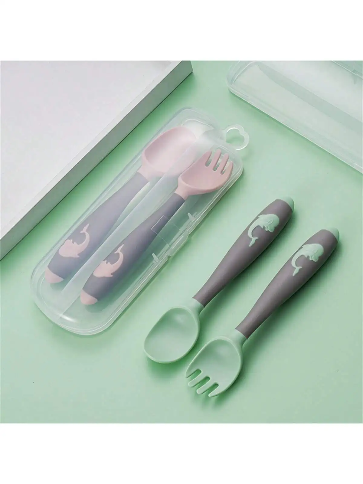 2-Piece Children's Dining Set Flexible Spork And Fork 360 Rotating Design Feeding And Training Fork with Storage Box