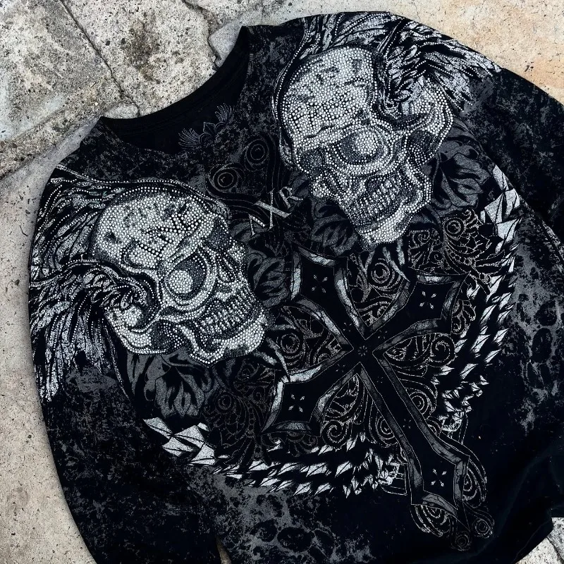 Y2K Retro American Goth Cross Skull Print Long Sleeve T Shirt Cotton Unisex Oversized Streetwear Fall Winter Graphic Couple Top