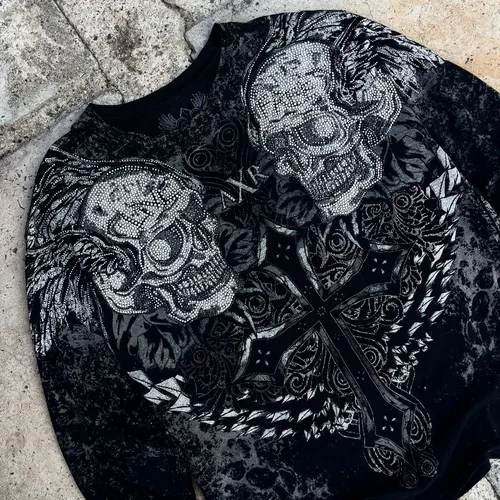 Imagen 2 del producto Y2K-Camiseta de manga larga con estampado de calavera y Cruz gótica americana Retro, ropa de calle de gran tamaño de algodón Unisex, Top gráfico para pareja de otoño e invierno