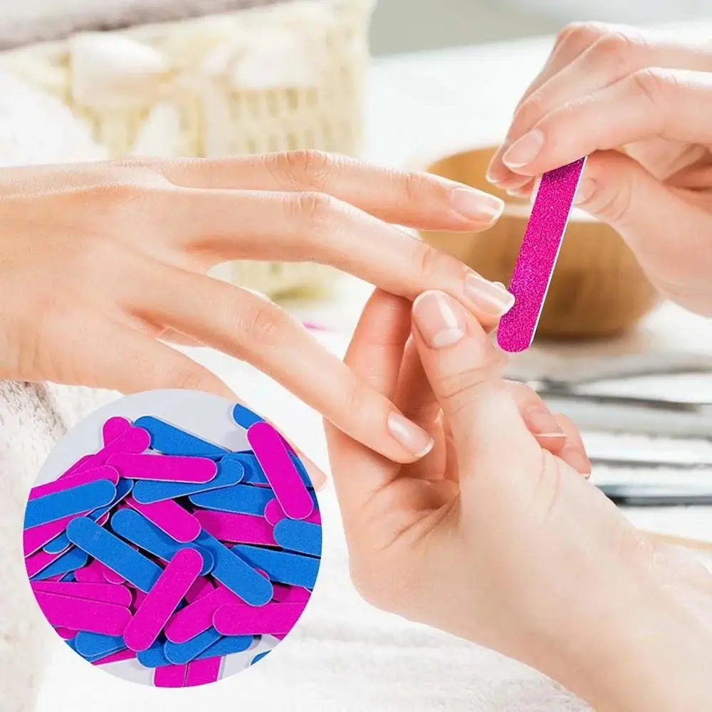 100 Uds. Limas de uñas de madera de doble cara, Mini lima de madera desechable, tablero de esmeril, papel de lija colorido, herramientas de manicura y pulido