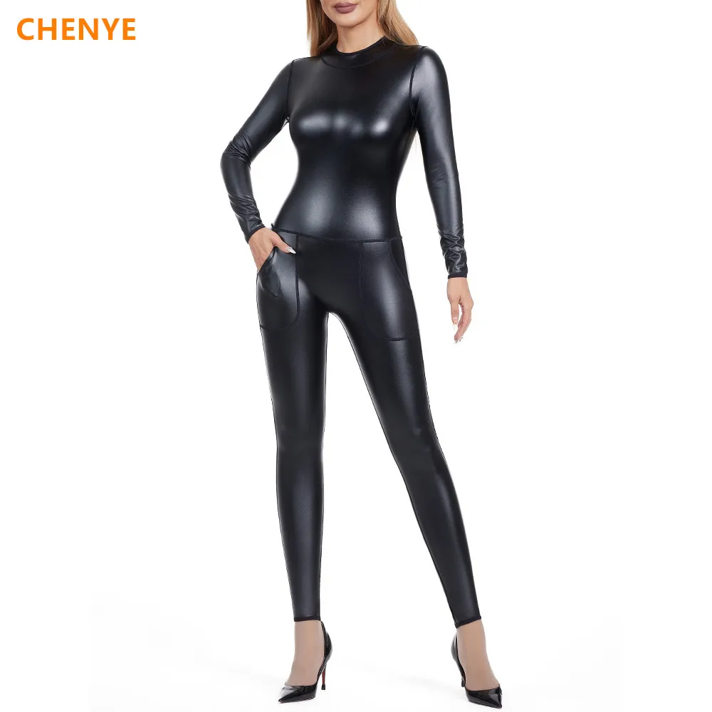 

Women Sexy Jumpsuit Bodysuit Skinny Shapewear Women's Body Shaper Back Zip Stretch Leather Slim jumpsuit with Pockets Party Club