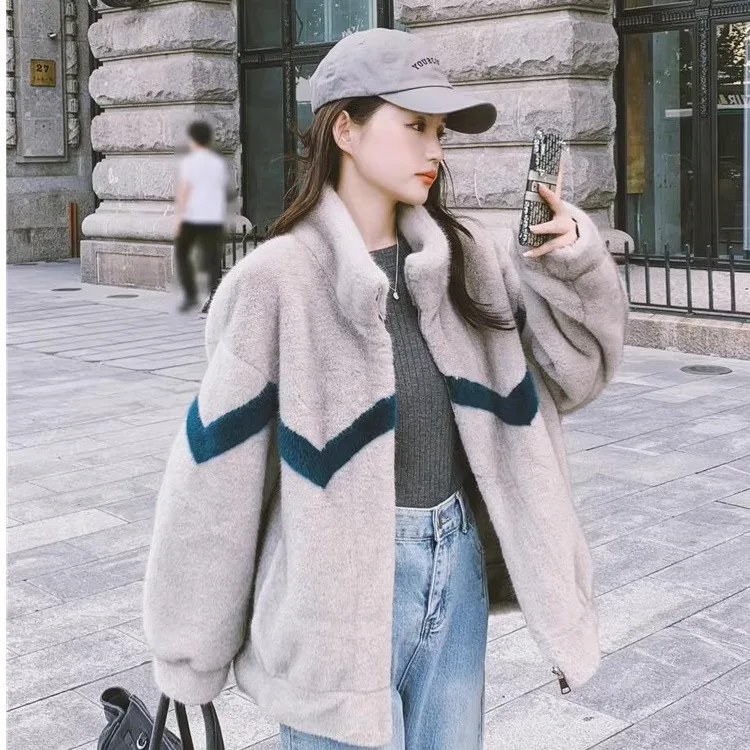 

Korean Style Winter New Fashion Women's Color-coded Stand Collar Zipper Thicken Casual Trendy Faux Fur Wool Jacket Female Coats