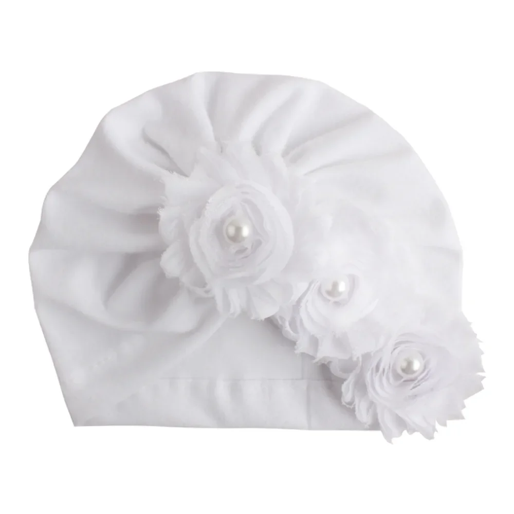 Cute Infant Newborn Caps with Pearl Chiffon Flowers Cotton Blend Kont Turban Girls Stretchy Beanie Hat Baby Hair Accessories