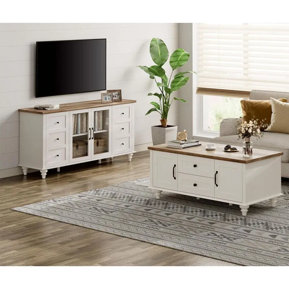 

Modern 2-Piece White TV Stand and Coffee Table Set for 70 TVs with Storage