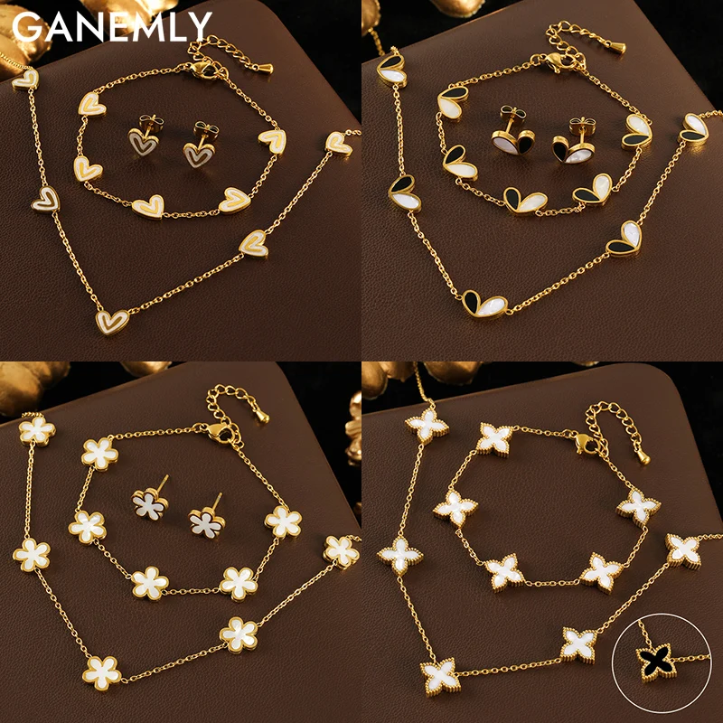 

GANEMLY 316L Stainless Steel Heart Flower Clover Necklace Bracelet Earrings Set For Women Fashion Waterproof Jewelry Set Gift